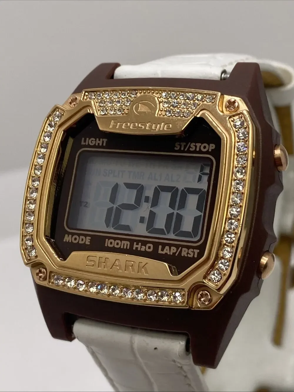 Freestyle Shark Rosegold Rhinestone White Leather Band Surfing Watch New Battery